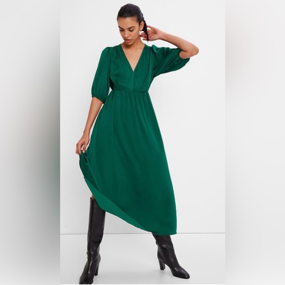 GAP Emerald Green V-Neck Maxi Dress with Puff Sleeves